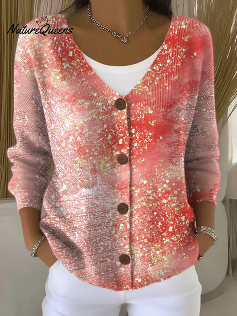 Gradient Colorful Art Print Buttoned V-neck Cardigan Sweater