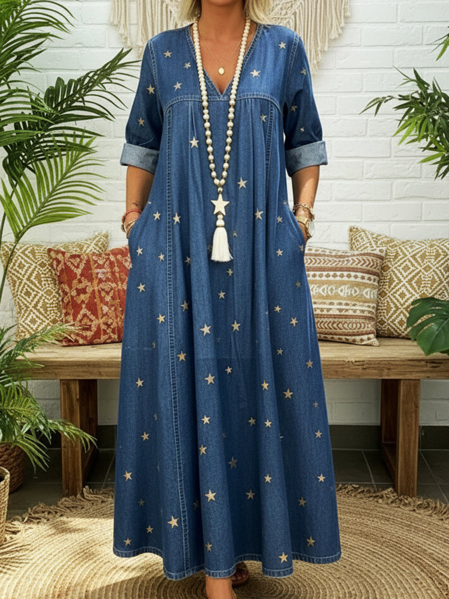 Casual Gold Star Print 100% Cotton Denim Dress