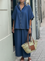 Casual Denim Irregular Hem Shirt And Wide-leg Pants Two-piece Set