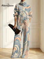 Women's Gradient Color Art Print Casual Cotton Knitted Suits