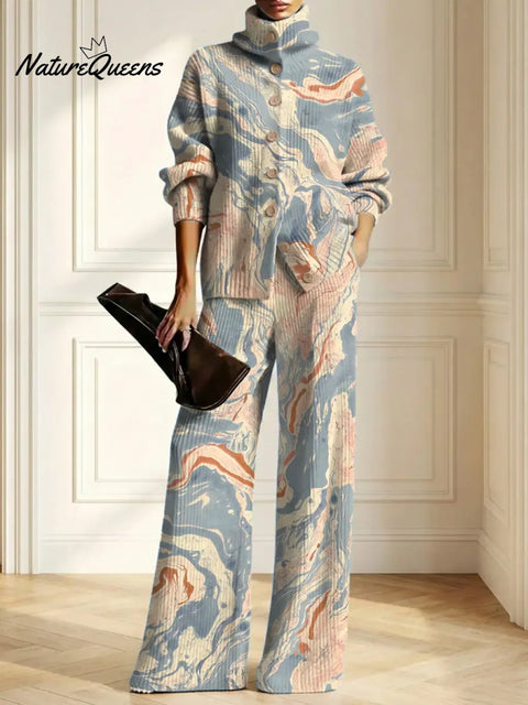 Women's Gradient Color Art Print Casual Cotton Knitted Suits