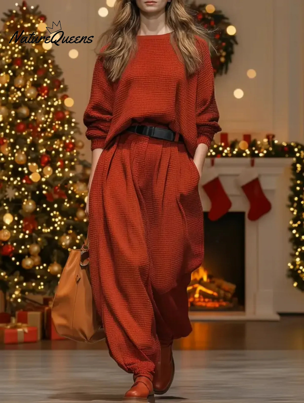 Women's Solid Color Round Neck Long Sleeve Casual Loose Waffle Knit Top High Waist Casual Loose Wide Leg Jogger Pants Set