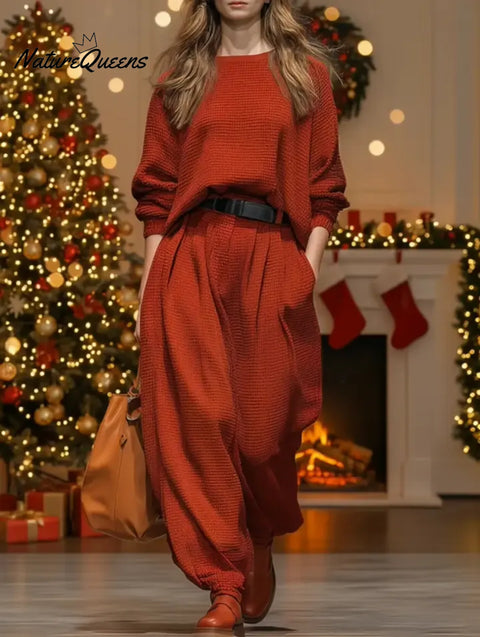 Women's Solid Color Round Neck Long Sleeve Casual Loose Waffle Knit Top High Waist Casual Loose Wide Leg Jogger Pants Set