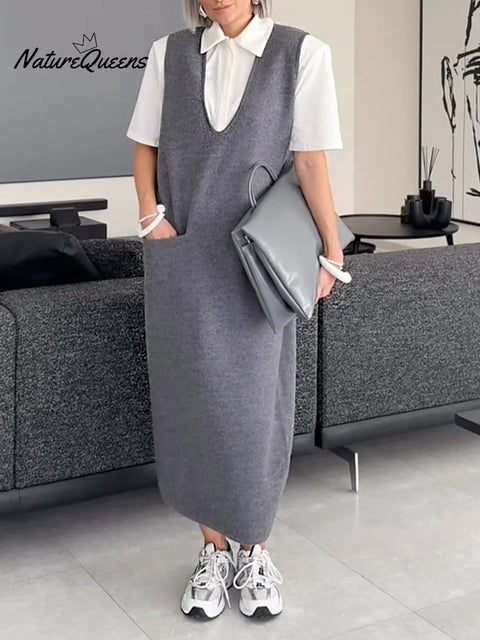 Women's Solid Color V-Neck Sleeveless Casual Loose Vest Dress