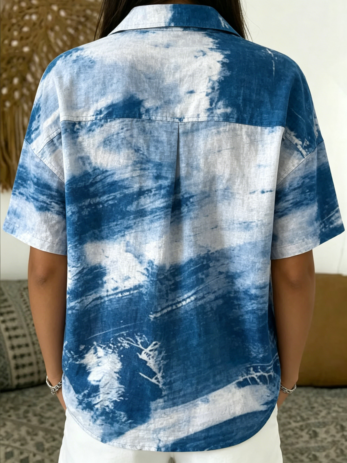 Artistic Patchwork-print Short-sleeve Polo Shirt — Half-placket Button Design
