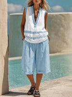 Two-piece Set: Color-block Striped V-neck Sleeveless Top + Cotton-linen Wide-leg Knee-length Shorts With Cuffed Hems.