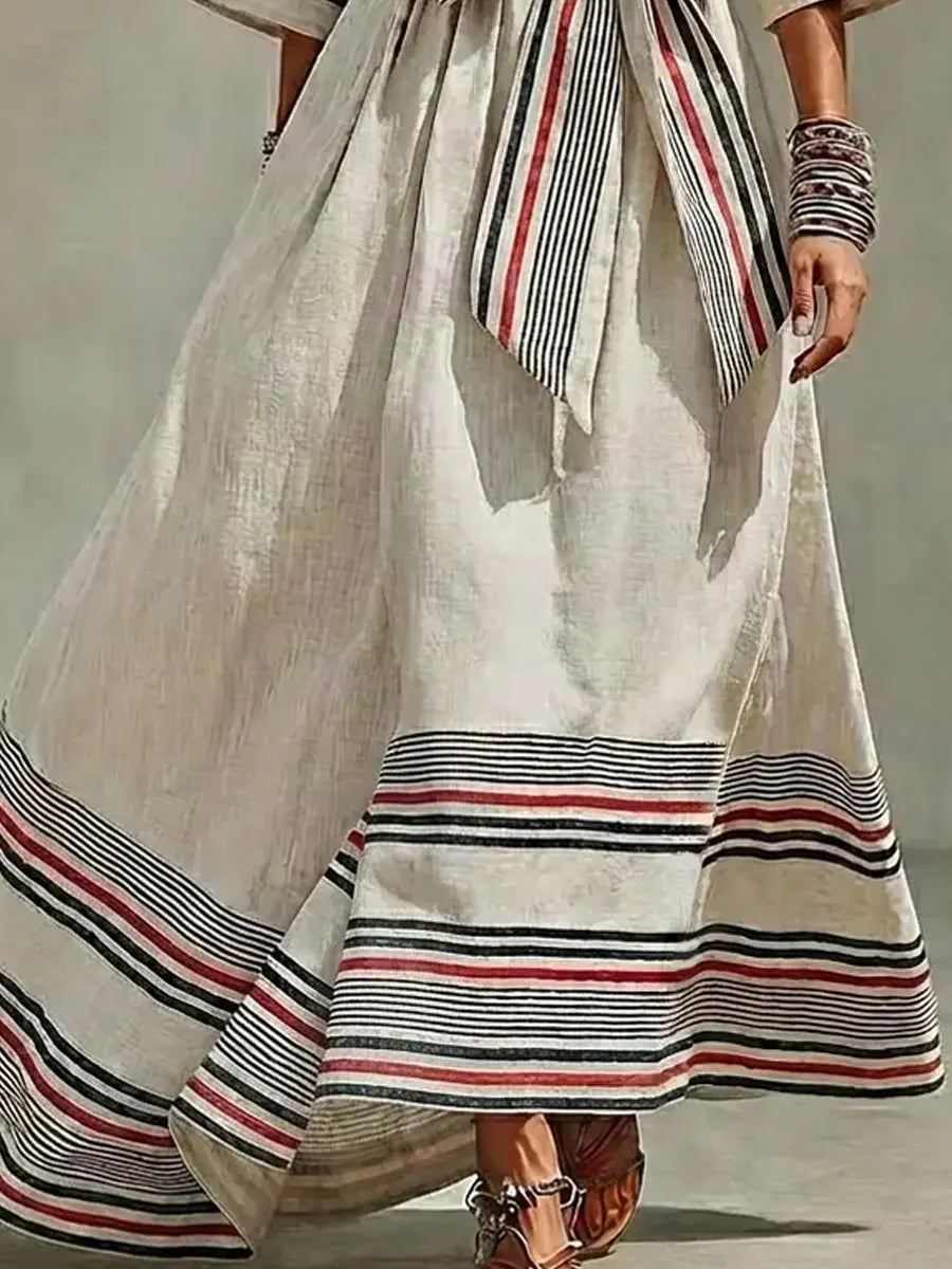 Women's Retro Striped Art Casual Vacation Cotton Linen Maxi Dress