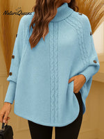 Women's Solid Color High-neck Casual Button-up Loose Knit Top