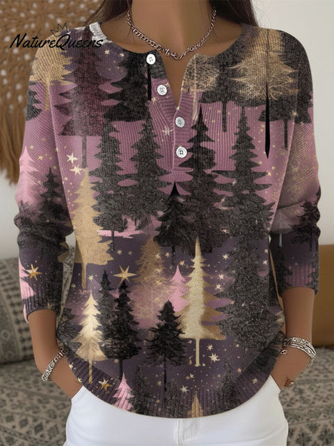 Women's Retro Christmas Trees Snowflake Art Pattern Art Print Buttoned Cardigan Sweater