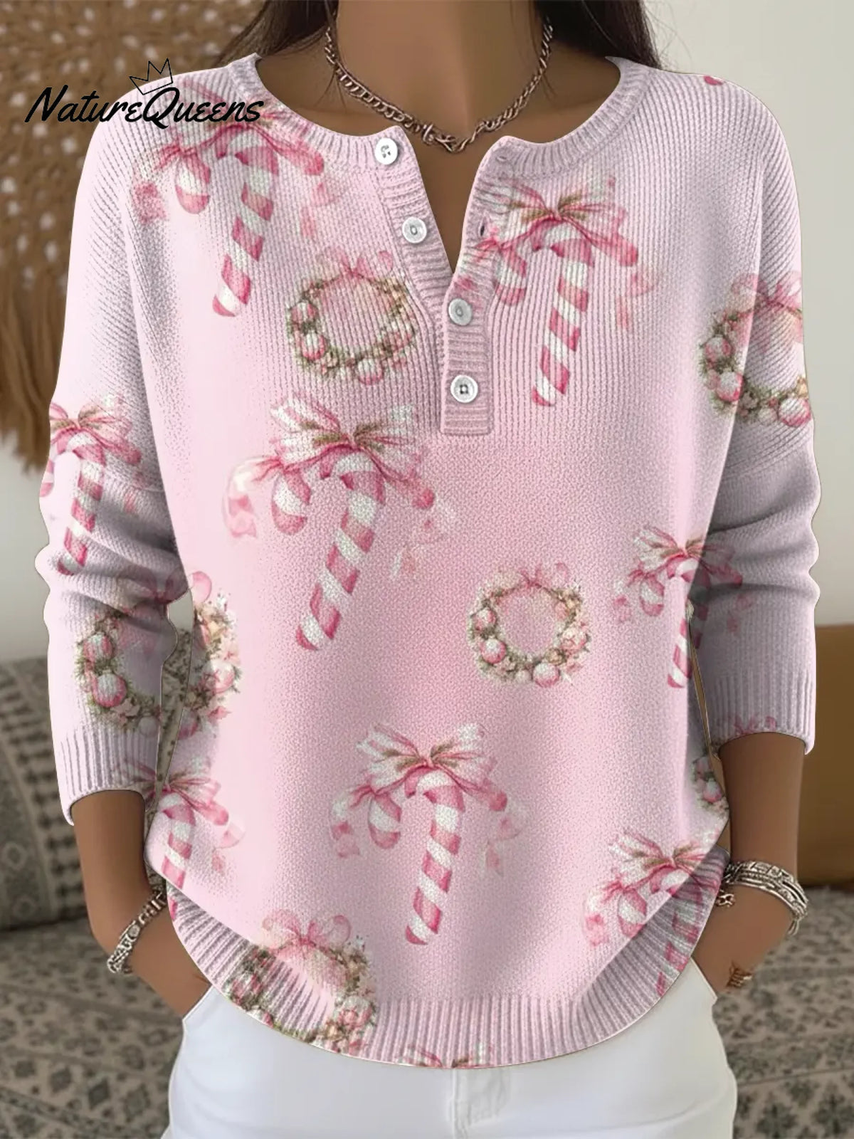 Women's Pink Christmas Casual Printed Sweater