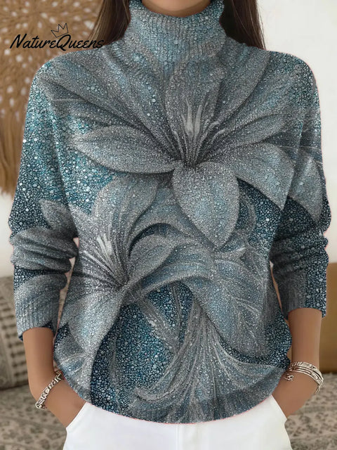 Women's Shiny Flowers Print Turtleneck Sweater