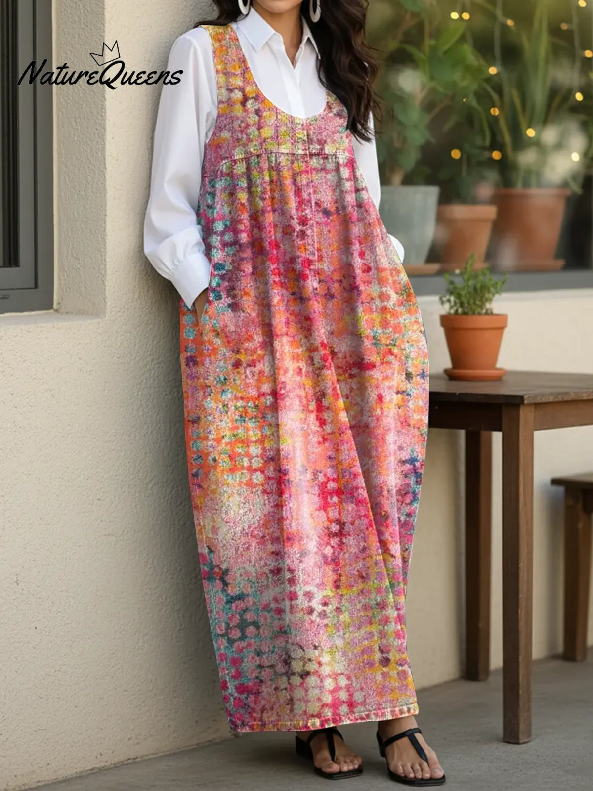 Women's Pink Art Dots Casual Loose Denim Vest Dress