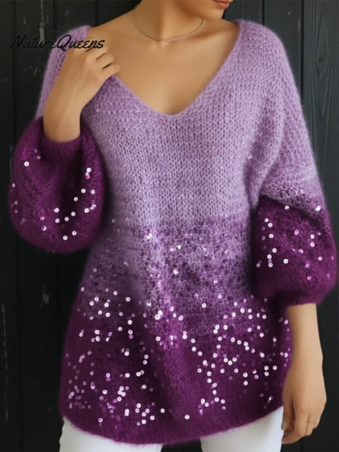 Winter Dreamy Off-shoulder Loose Sequined Gradient Sweater Top