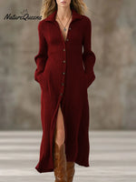 Women's Solid Color Shirt Collar Long Sleeve Casual Loose A-line Knit Dress