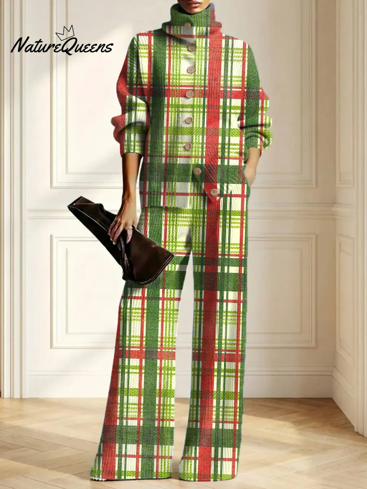 Women's Plaid Pattern Art Print Casual Cotton Knitted Suits
