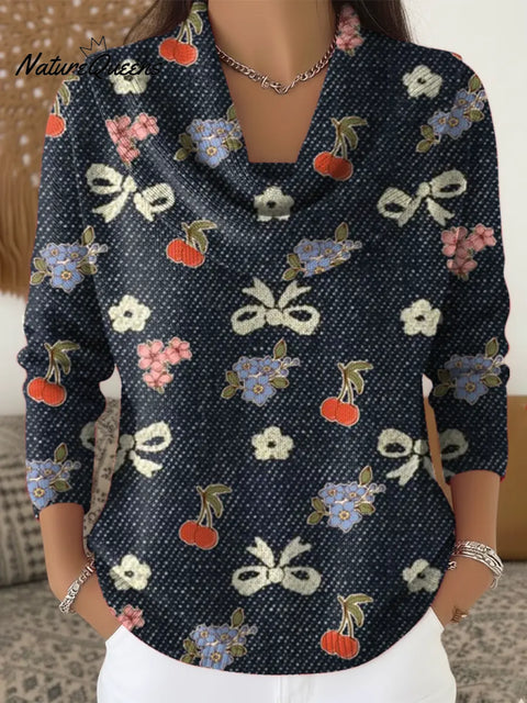 Women's Floral Bow Art Print Cowl Neck Sweater