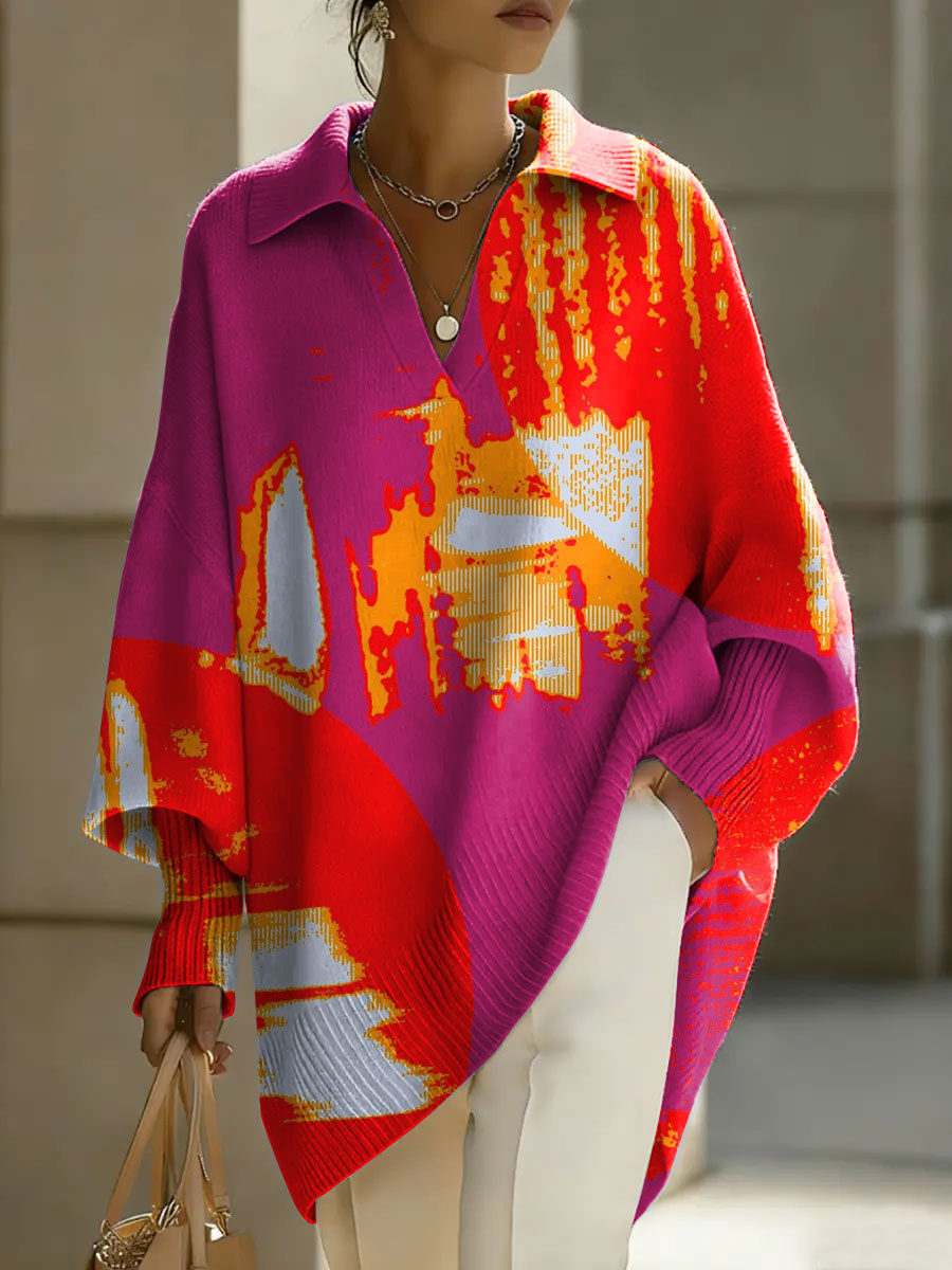 Women's Abstract Art Geometry Patterns V-neck Long-sleeved Casual Loose-fitting Knitted Pullover Sweater