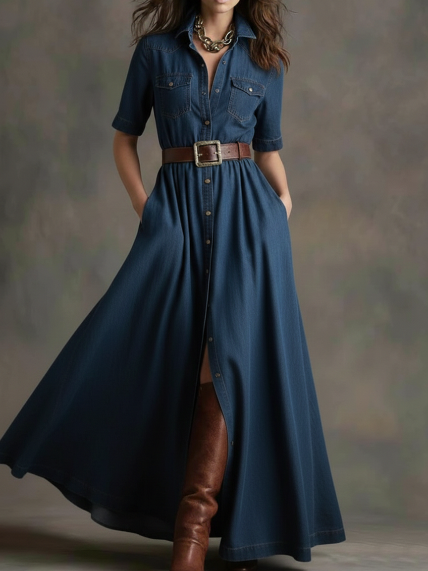 Casual Shirt Collar Button-up Denim Maxi Dress