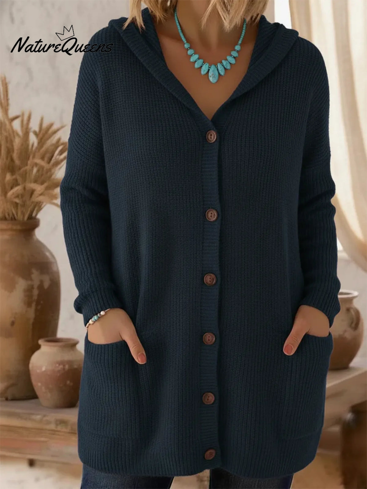 Women's Loose-fitting Cozy Solid Color Hooded Cardigan Sweater