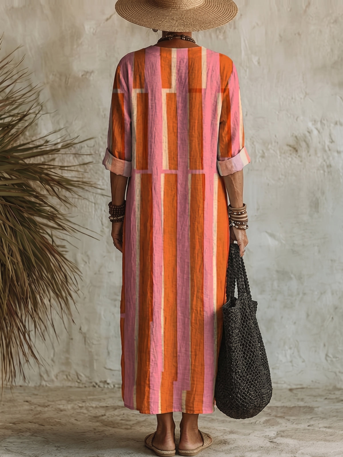 Women's Retro Geometric Print Casual Cotton-linen Maxi Dress