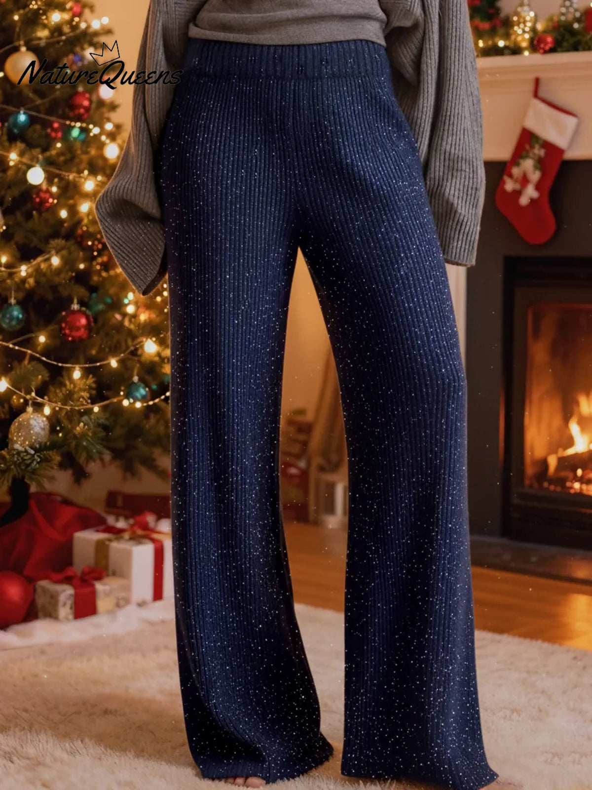 Christmas Cozy Sparkling Knit Wide-leg Pants