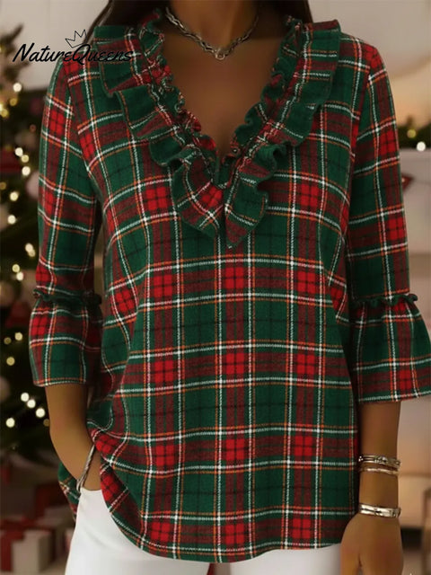 Christmas Retro Plaid V-neck Ruffled Pullover