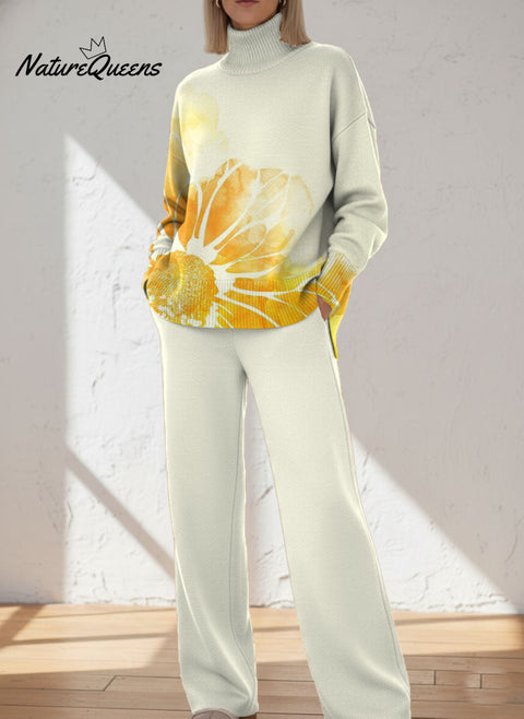 Women's Flowers Pattern Art Print Casual Knitted Cotton Top Pants Suit