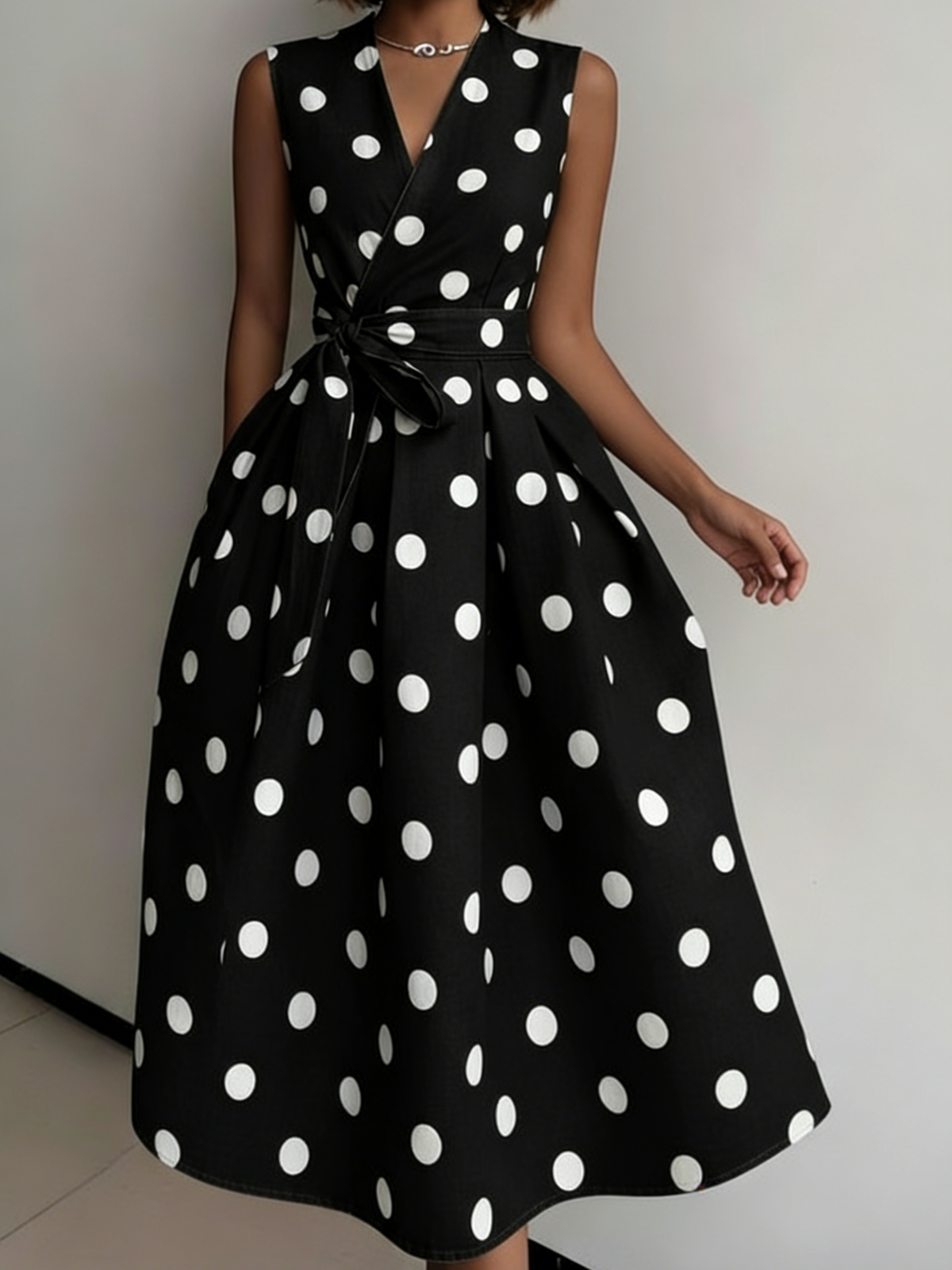 Elegant V-neck Polka Dot Print Denim Dress