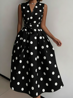 Elegant V-neck Polka Dot Print Denim Dress
