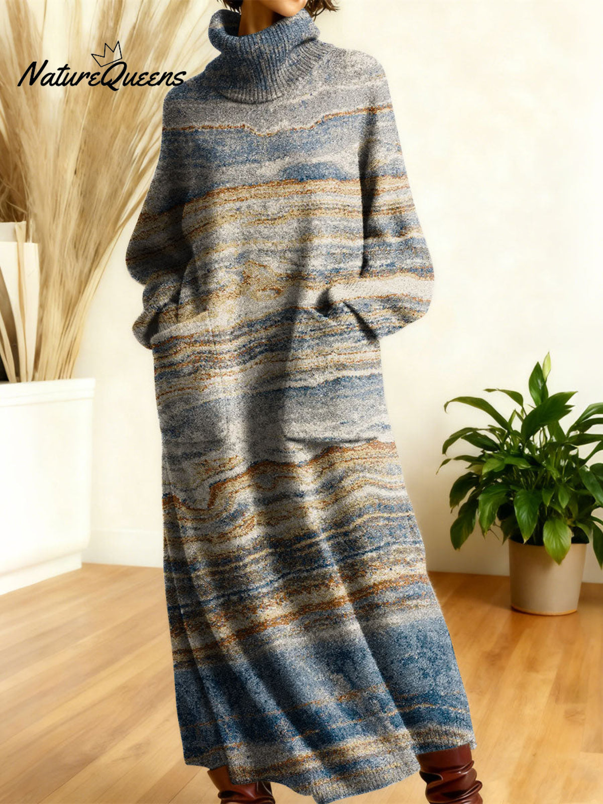 Women's Retro Geometric Patchwork High-neck Long-sleeve Casual Loose Knit Dress