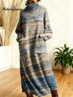 Women's Retro Geometric Patchwork High-neck Long-sleeve Casual Loose Knit Dress