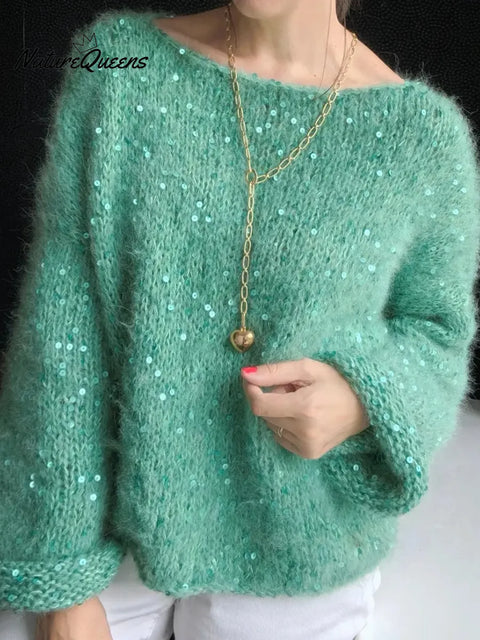 Dreamy Winter Boat Neck Loose Sequined Sweater Top