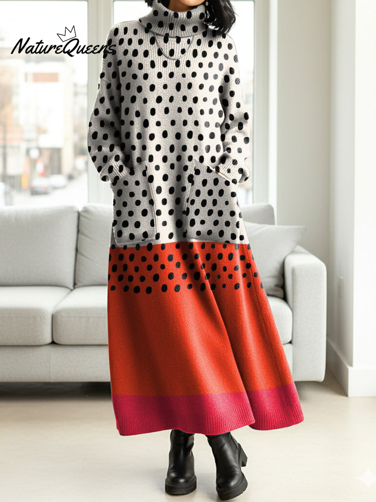 Women's Artistic Patchwork Dots Casual Cotton Knitted Dress