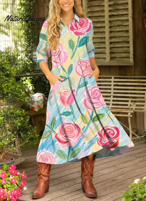 Women's Floral Pattern Art Print Casual Cotton Dress