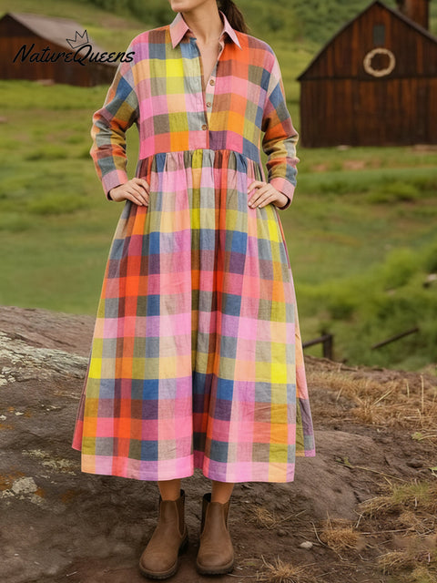 Women's Plaid Cotton And Linen Casual Long-Sleeved Dress