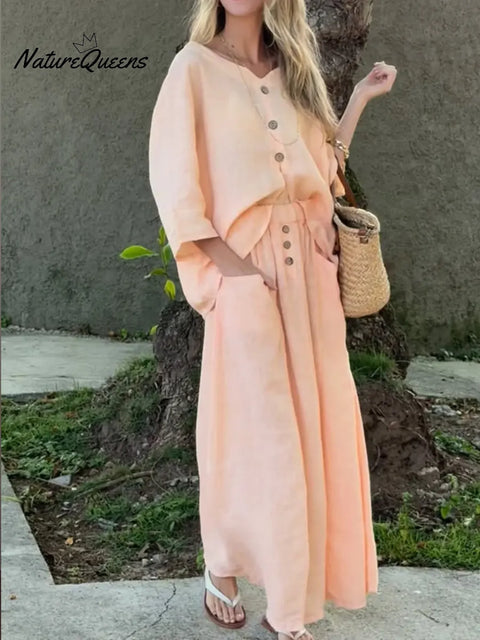 Women's V-neck Button-down Linen Cotton Top And Skirt Two-piece Set