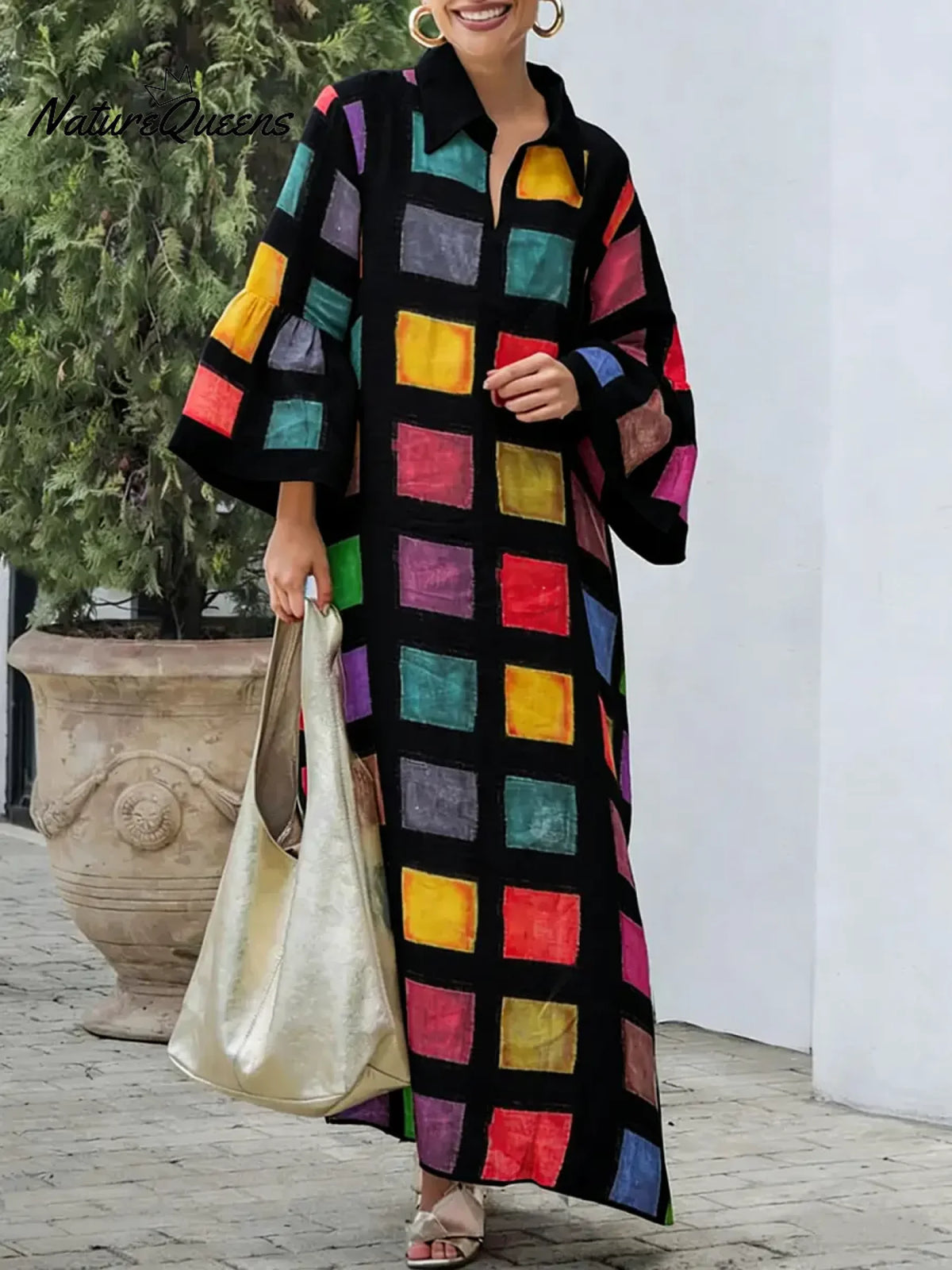 Women's Colorful Geometric Print V-neck Long Sleeve Casual Cotton Linen Dress