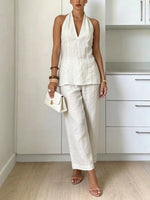 Women's Simple Casual Halter Neck Sleeveless Cotton Linen Set