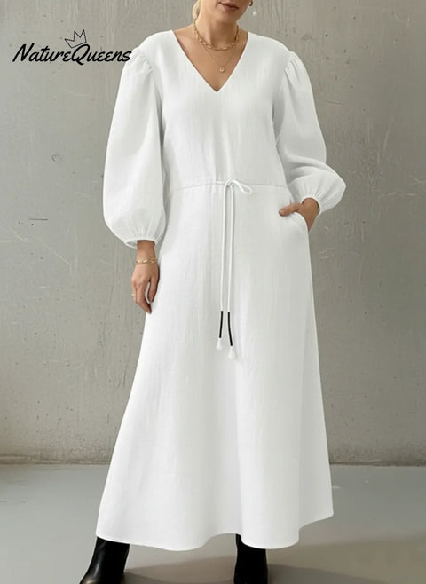 Elegant V-neck Puff Sleeve Adjustable Drawstring Linen Dress