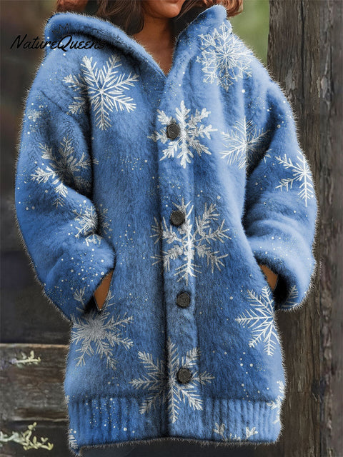 Women's Retro Christmas Snowflake Pattern Art Print Casual Plush Warm Coat