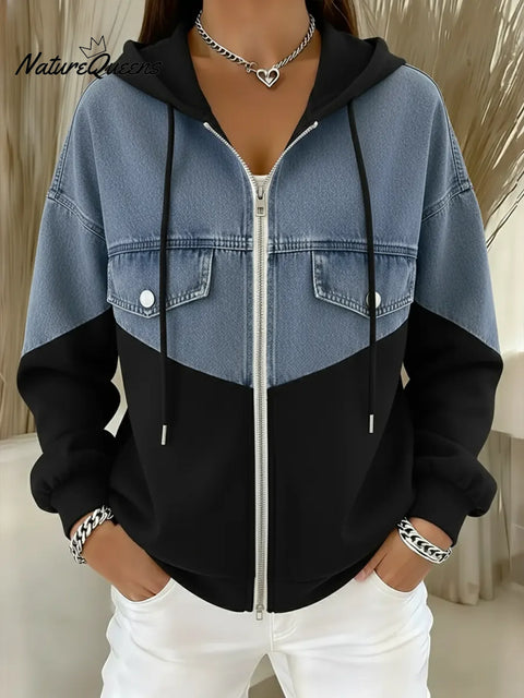 Casual Patchwork Denim Hooded Zip-up Cotton Sweatshirt