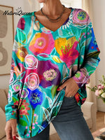 Women's Lovely Floral Flowers Pattern Art Print V-neck Casual Cotton T-shirt