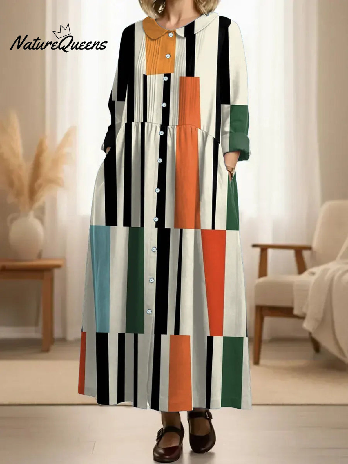 Women's Pleated Geometry Patterns Print Doll Collar Casual Long-sleeved Dress