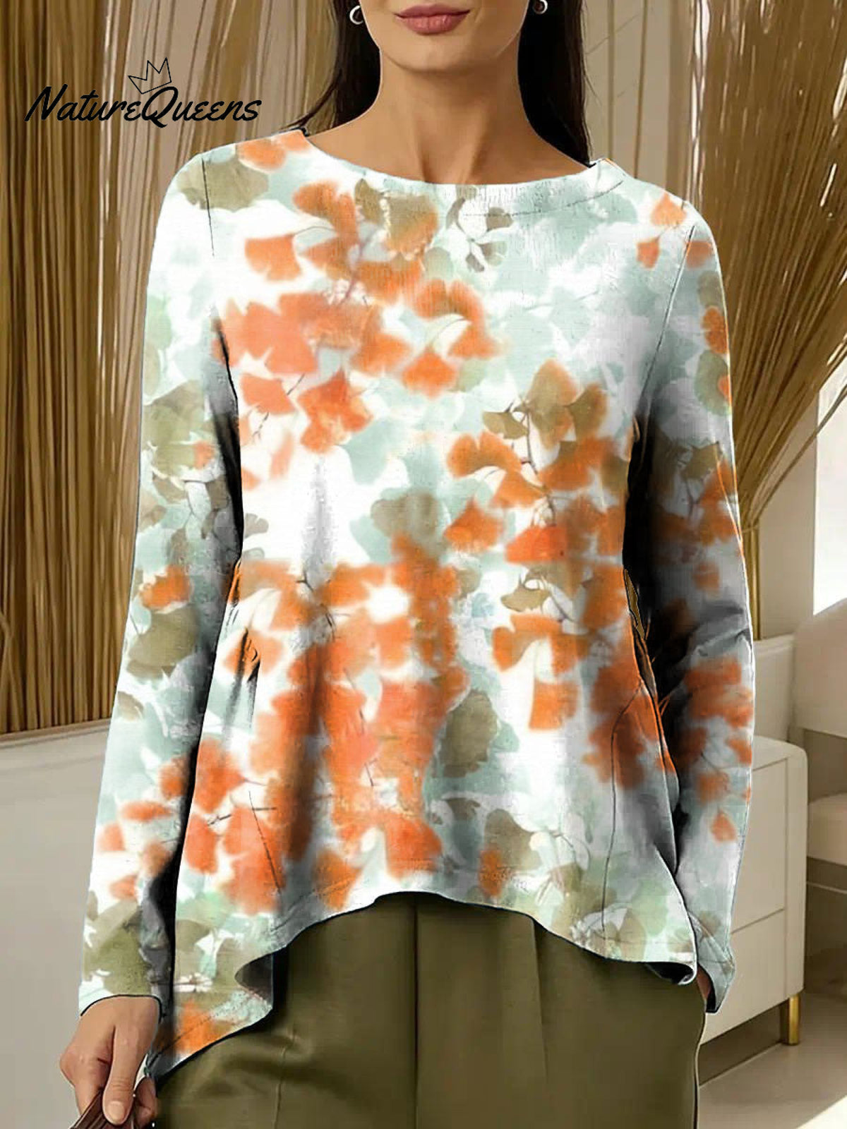 Women's Flowers Colorful Round Neck Casual Print Long-sleeved Ruched T-shirt