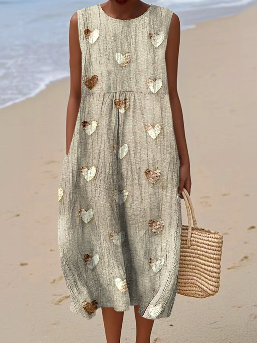 Women's Vintage Love Art Print Sleeveless Cotton Pocket Wrap Dress