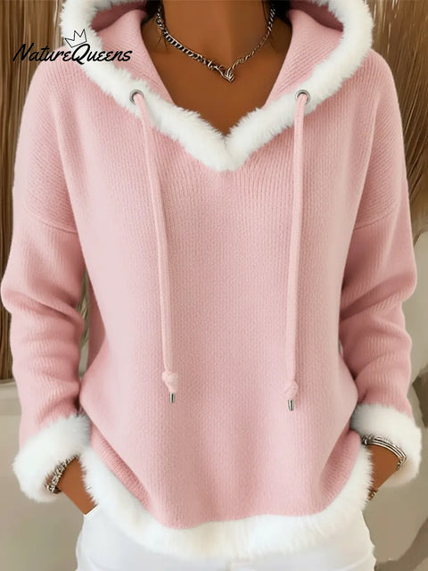 Casual Christmas Faux Rabbit Fur Trim Hooded Knit Top