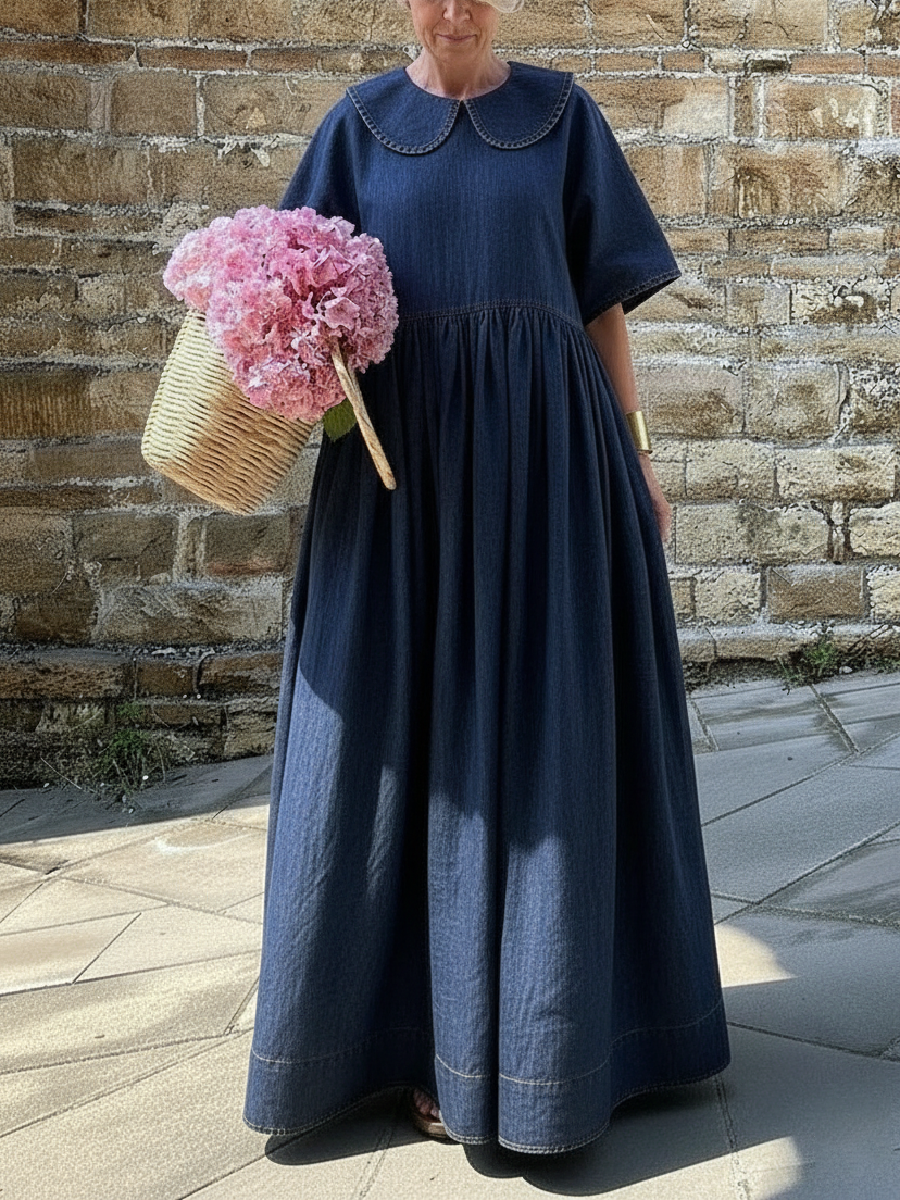 Cozy Vintage Peter Pan Collar Loose Denim Cotton Dress