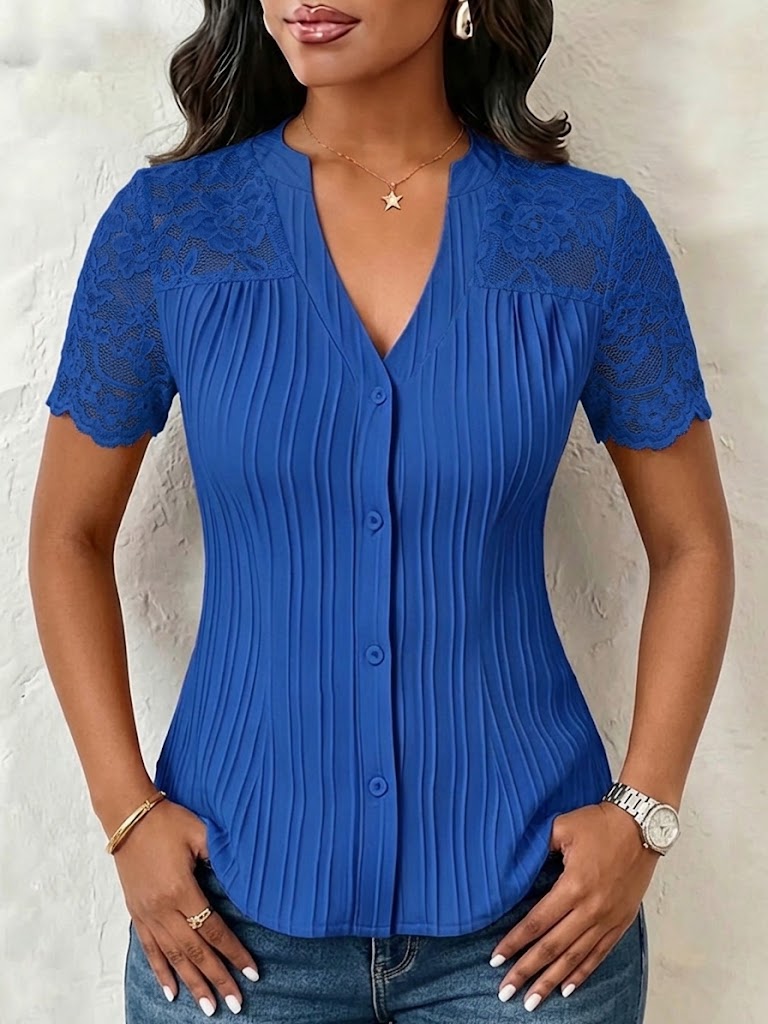 V-neck Vertical Pleat Lace Splice Fitted Short Sleeve Blouse