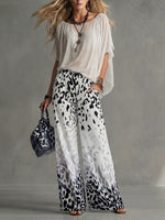 Women's Printed Chiffon Short-sleeve Top And Trouser Set (round Neck)