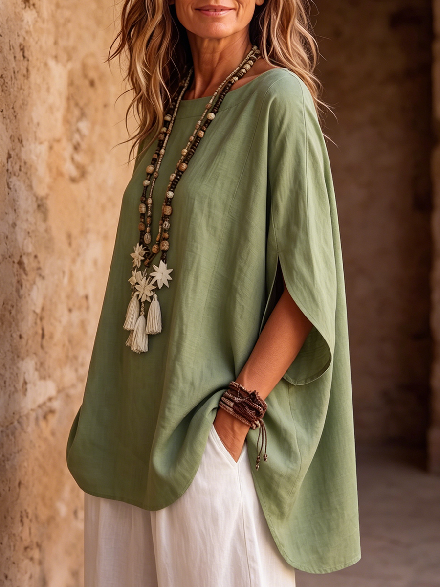 Relaxed Flattering Cotton-linen Batwing-sleeve Top